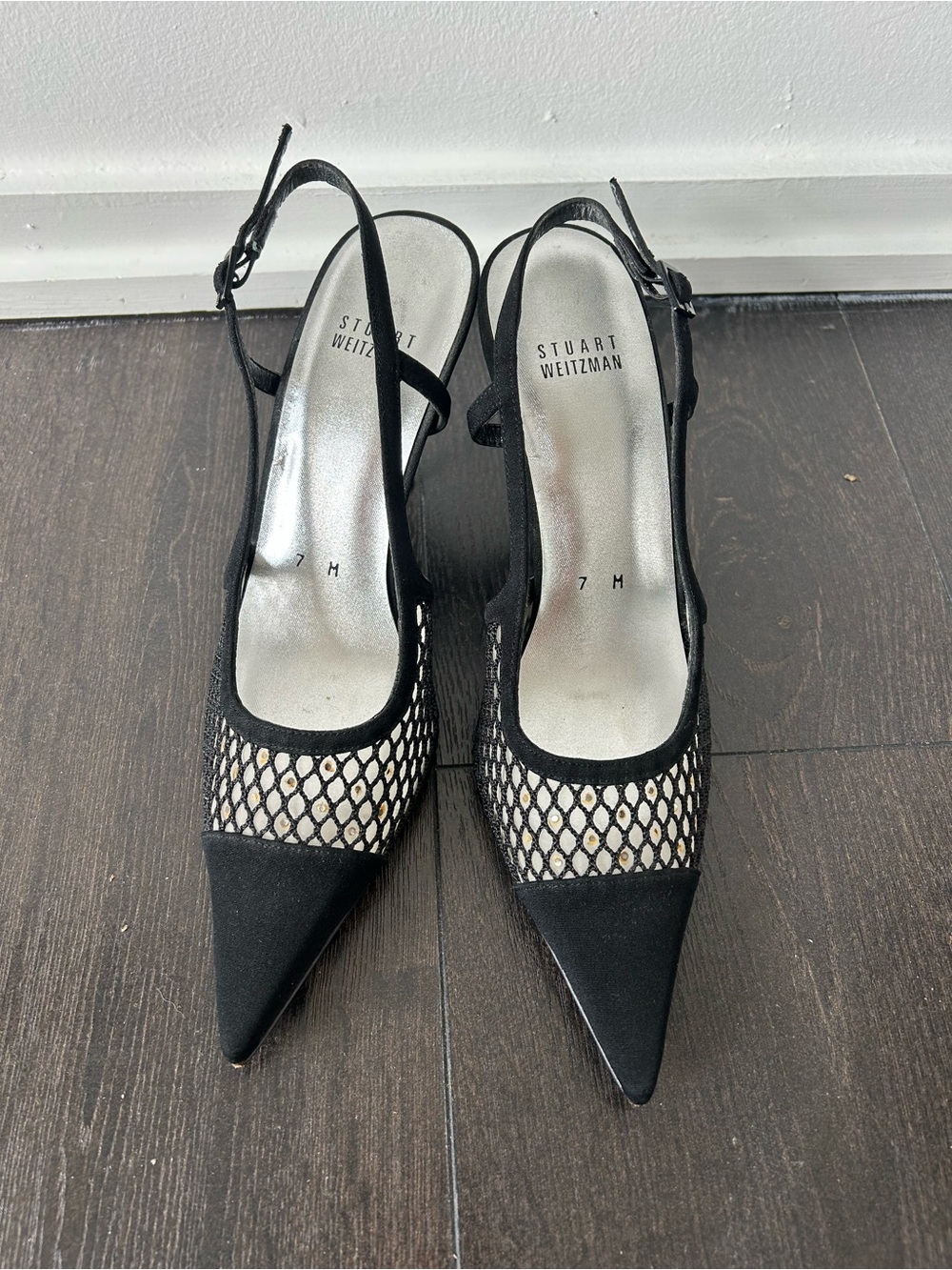 Stuart Weitzman Black Mesh Pointed Slingback Pumps